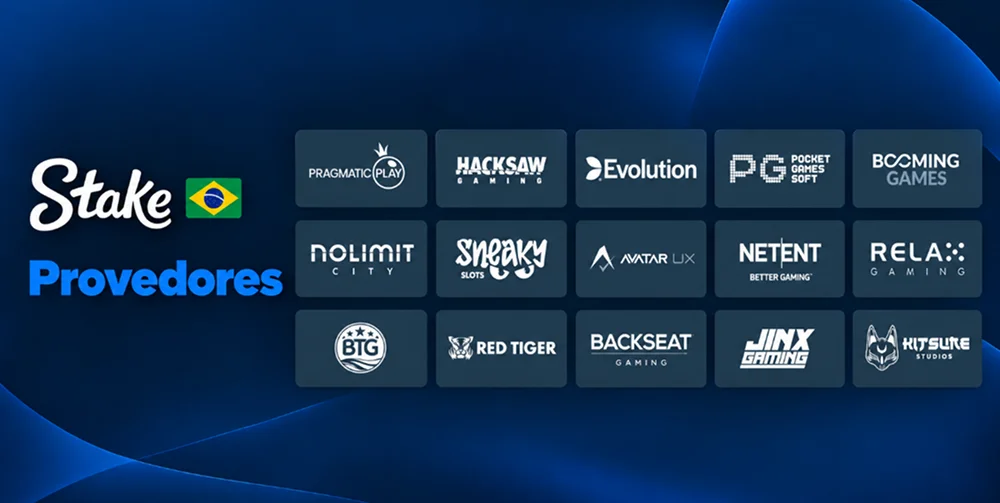 Logotipos dos provedores de jogos disponíveis no cassino da Stake